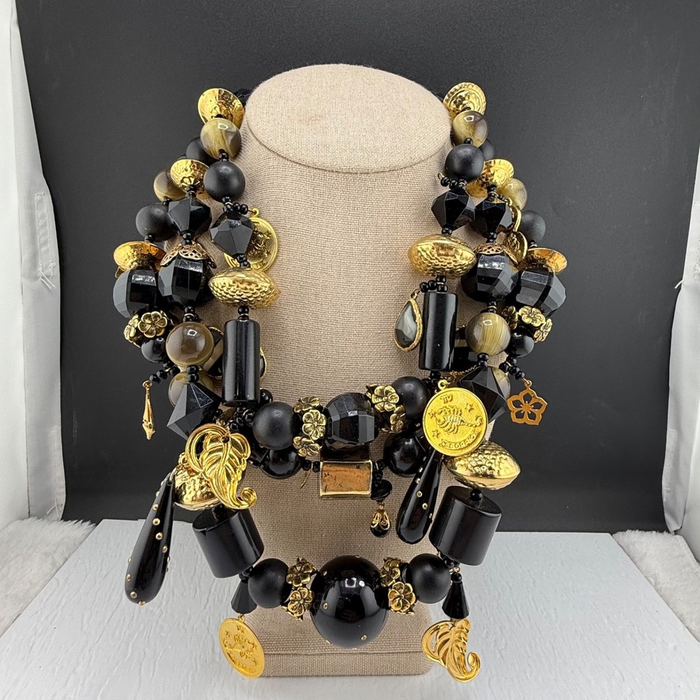Vintage Estate Necklace Gold Black Scorpio Zodiac Layered Statement 18"